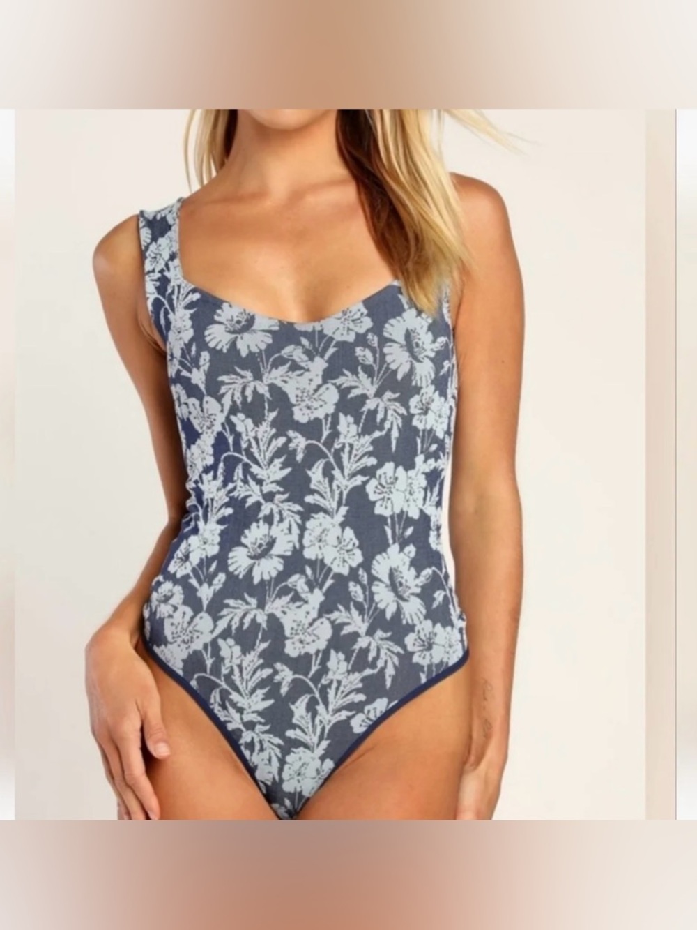 Free People Printed Clean Lines Bodysuit Indigo Combo Floral Print Size M/L